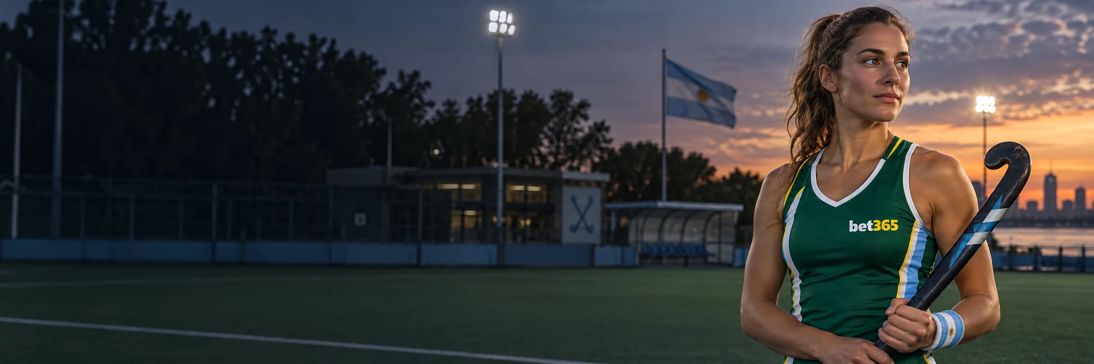 Jugadora de hockey con indumentaria de bet365 en Argentina