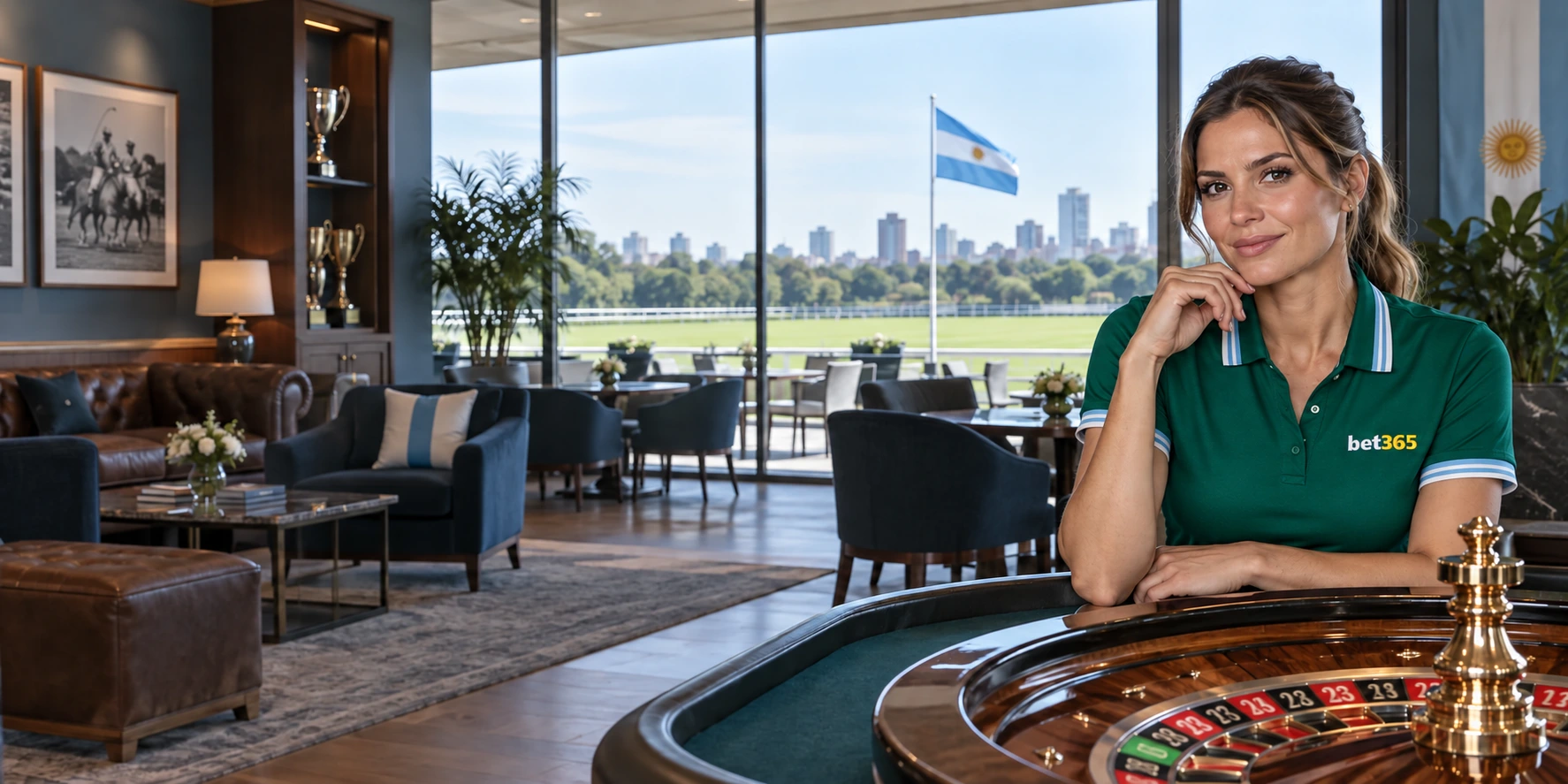 Mesa de ruleta con crupier y la marca bet365
