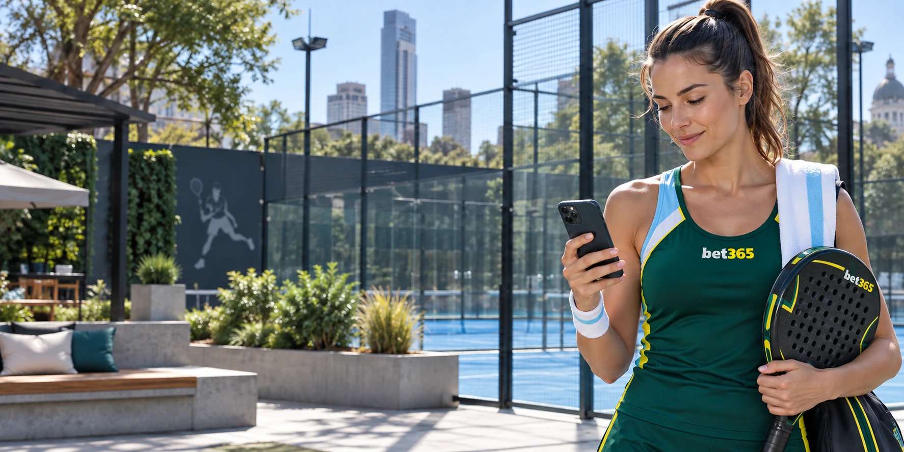 Deportista de pádel con un celular e indumentaria de bet365